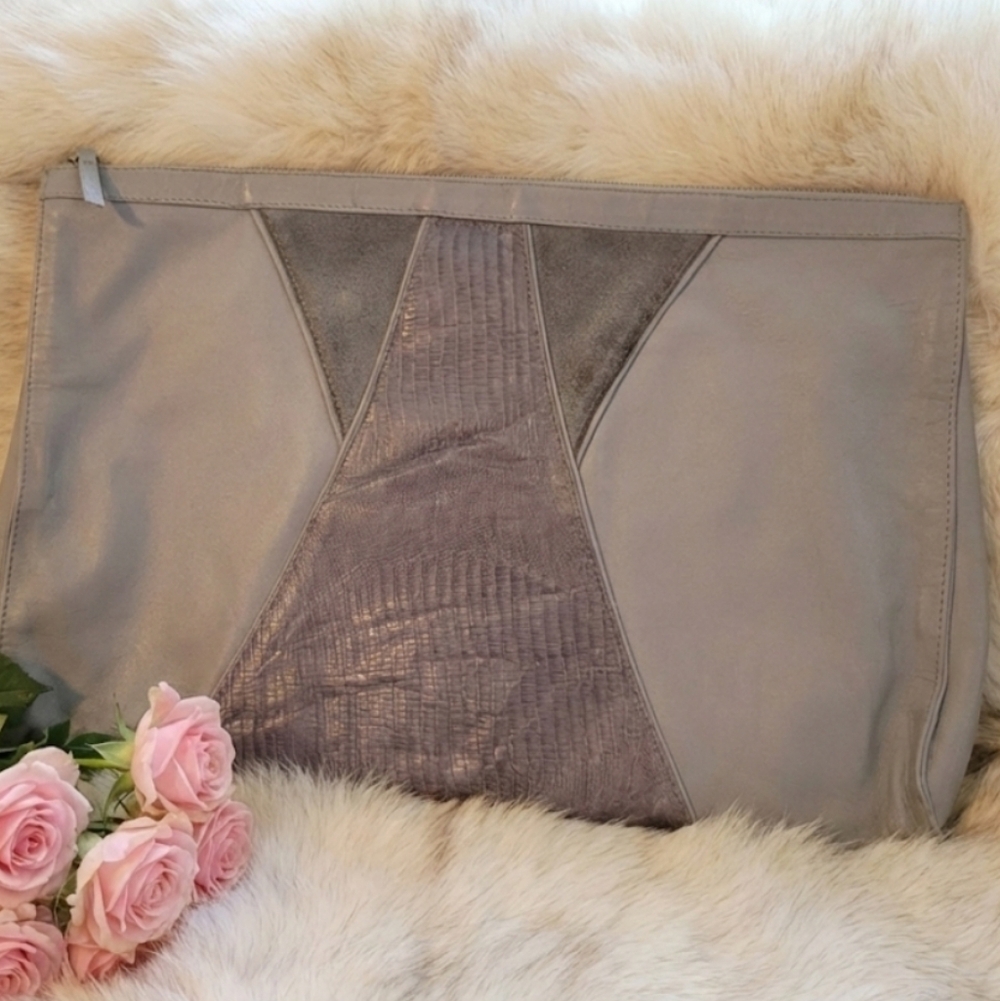 Vtg Leather Evening Clutch Patchwork Snakeskin Su… - image 1